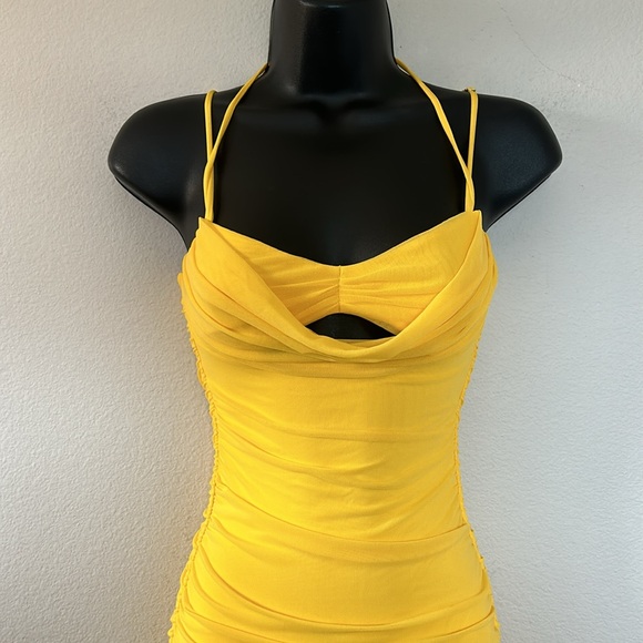Oh Polly Cabana Collection Yellow Ruched Cowl Neck Mini Dress - Picture 4 of 10